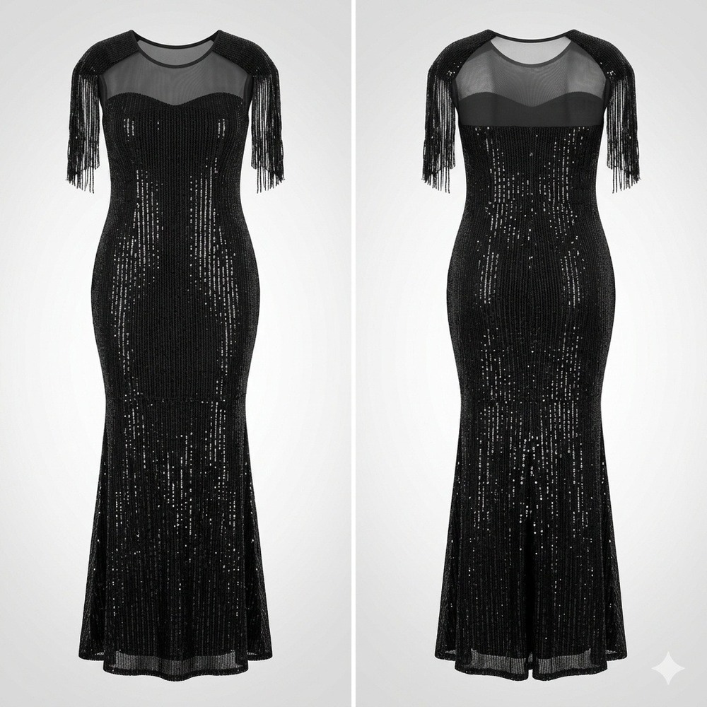 Sequin Dress 14 Black Fringe Sleeve Evening Gown Formal Mermaid Flapper Gatsby